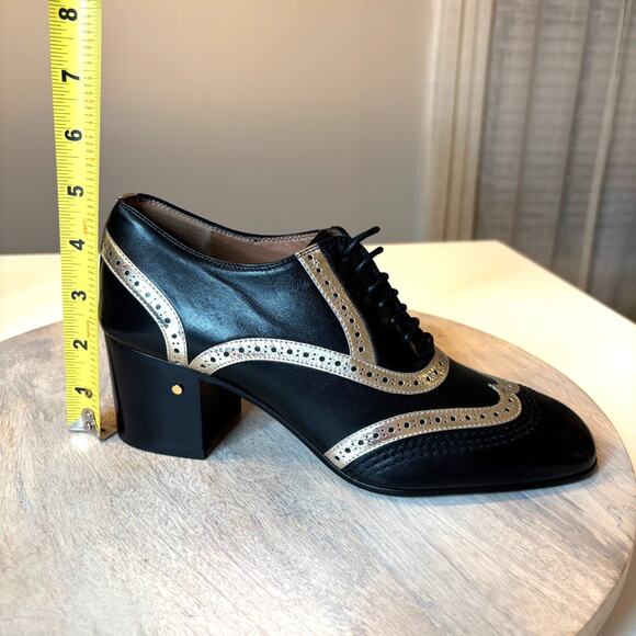 Laurence Dacade Black Leather Heeled Oxfords Gold Trim Women EU 38 US Sz 8 Italy - Picture 10 of 12